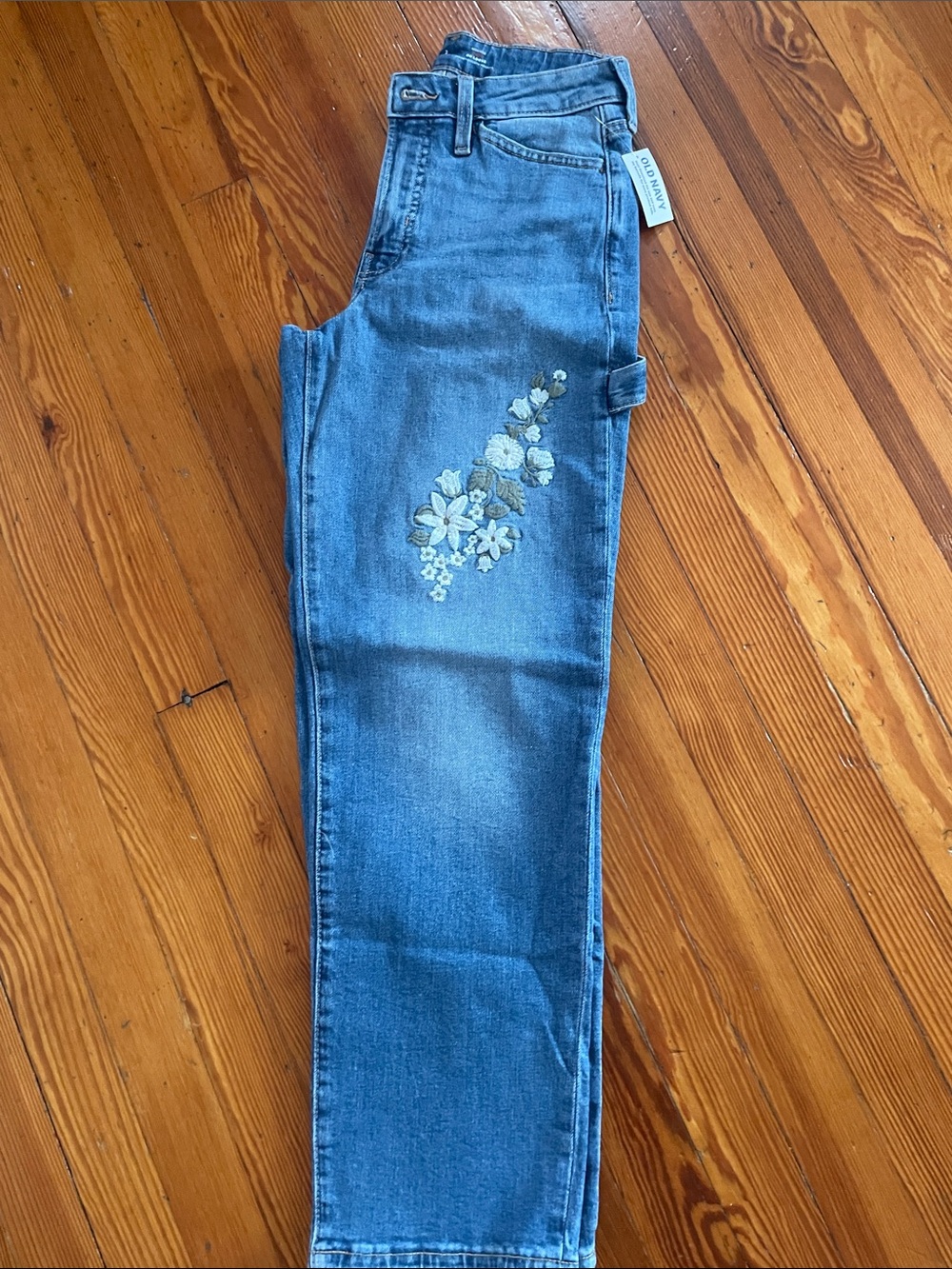 Old Navy Blue Straight Leg Jeans with Floral Embroidery